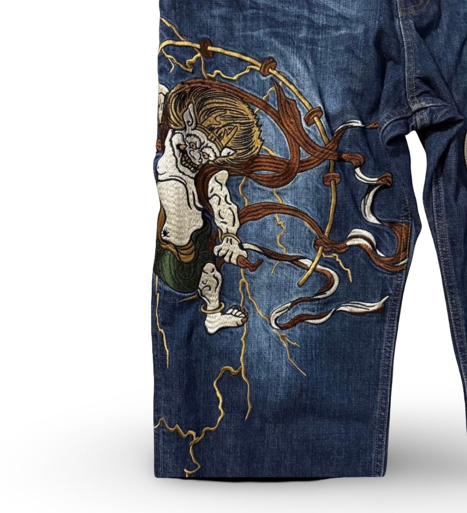 Karakuri Tamashii Fūjin & Raijin Embroidered Japanese Yakuza Denim – W40 Artwear Jeans