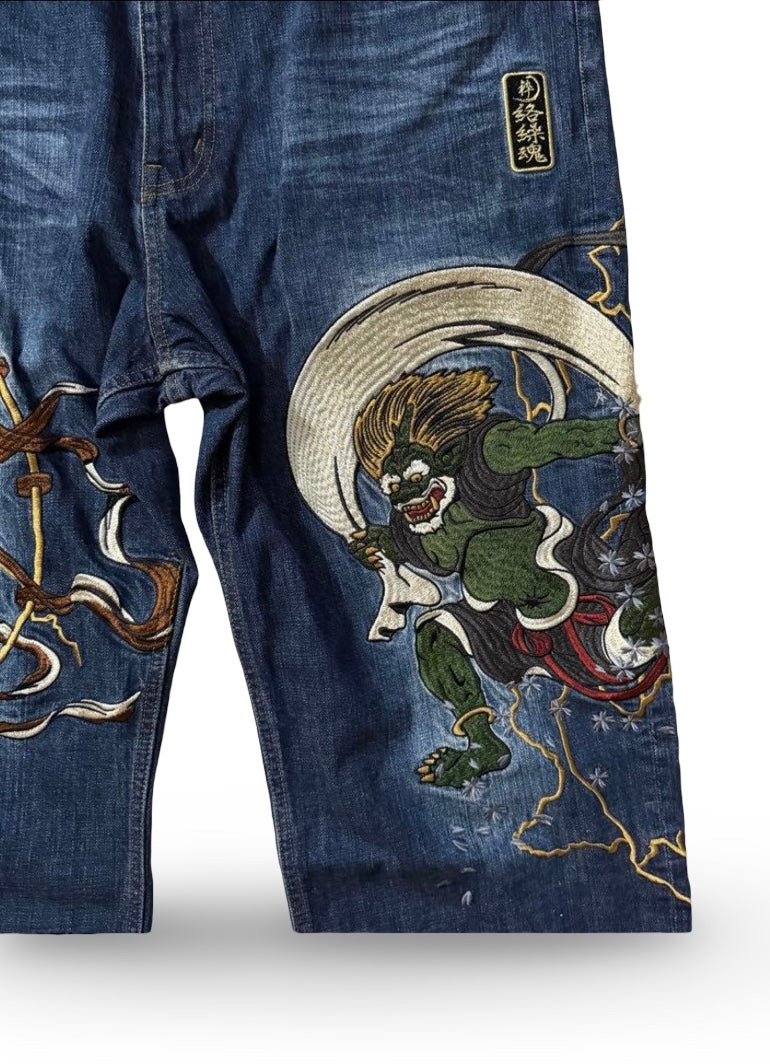 Karakuri Tamashii Fūjin & Raijin Embroidered Japanese Yakuza Denim – W40 Artwear Jeans