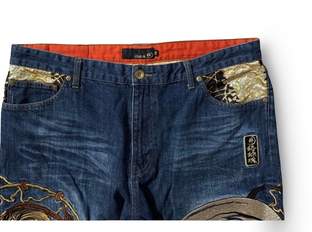 Karakuri Tamashii Fūjin & Raijin Embroidered Japanese Yakuza Denim – W40 Artwear Jeans
