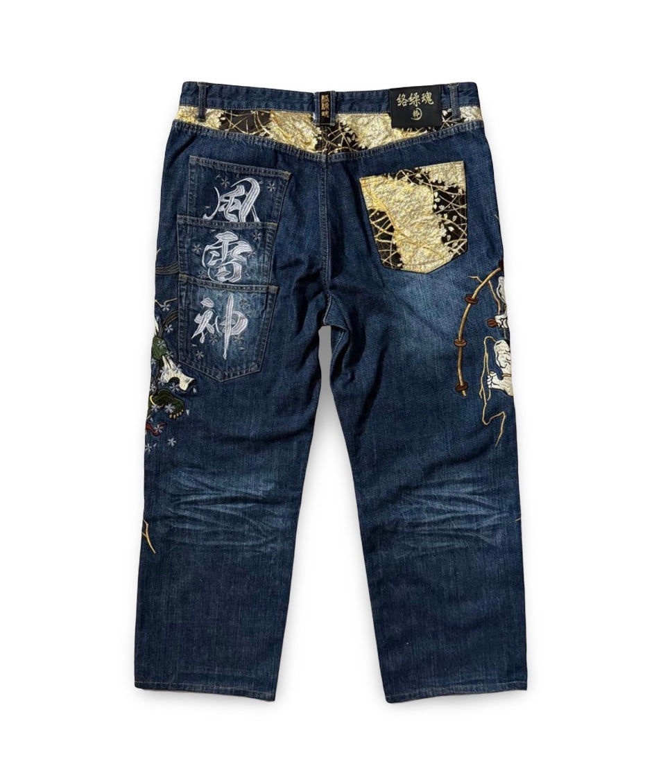 Karakuri Tamashii Fūjin & Raijin Embroidered Japanese Yakuza Denim – W40 Artwear Jeans