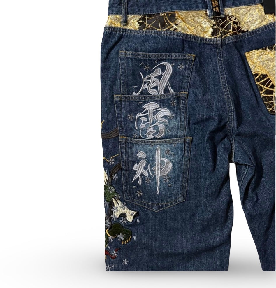 Karakuri Tamashii Fūjin & Raijin Embroidered Japanese Yakuza Denim – W40 Artwear Jeans