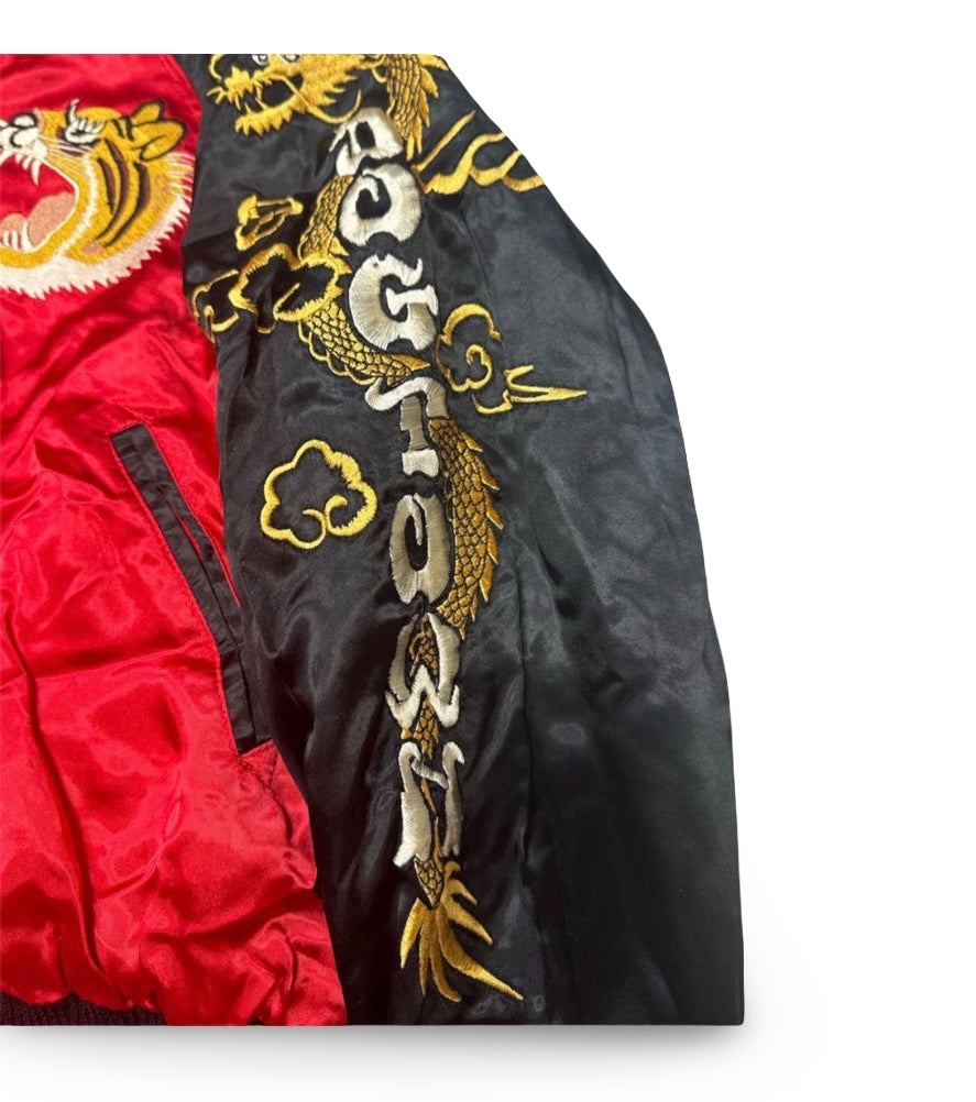 Reversible DOGTOWN Dragon & Tiger Sukajan – Japan Map Embroidery / 90s–00s Vintage Satin Souvenir Jacket (Preloved)