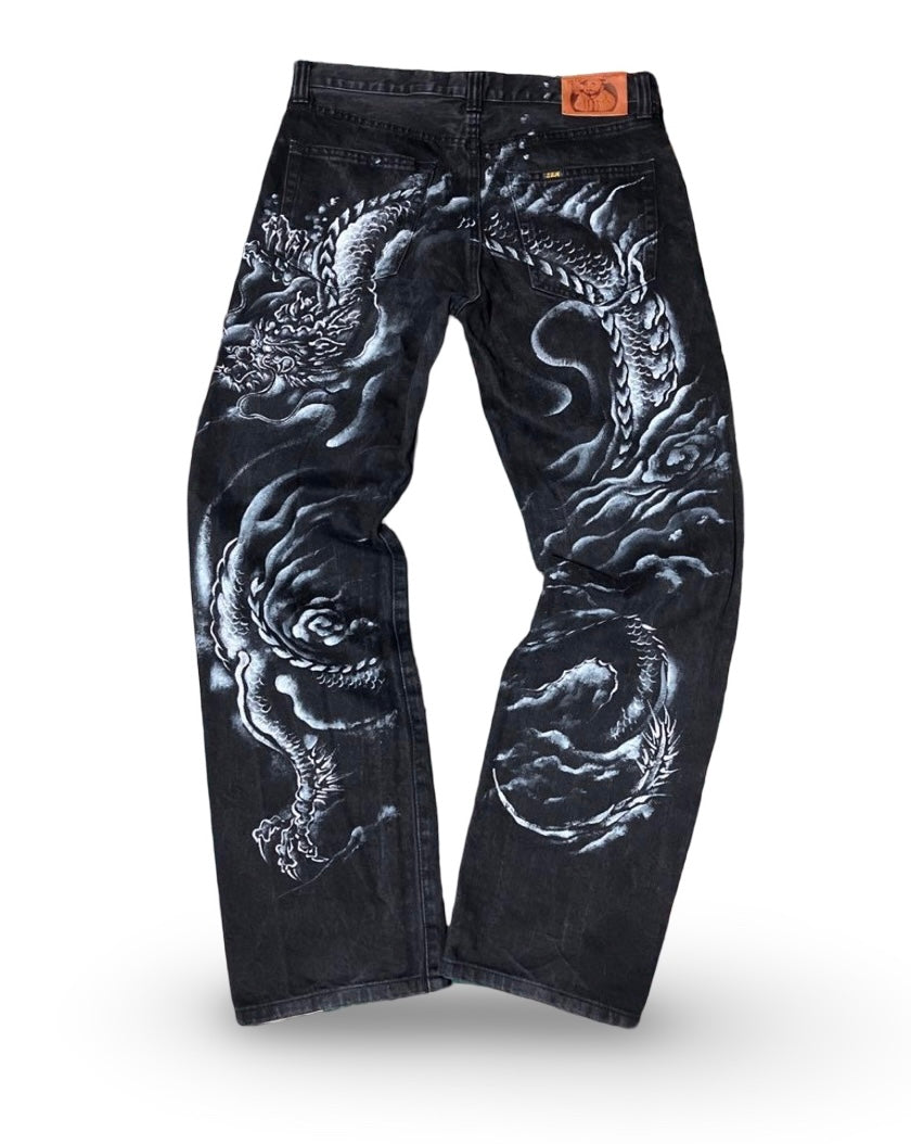 Hand-Painted Dragon Black Denim Jeans – Japanese ZEN Artwear – W32