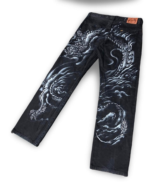 Hand-Painted Dragon Black Denim Jeans – Japanese ZEN Artwear – W32