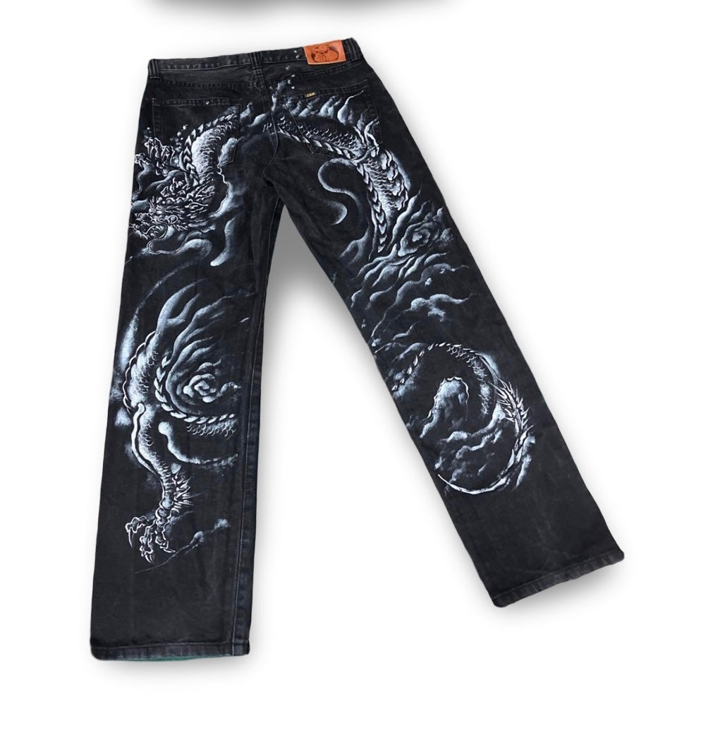 Hand-Painted Dragon Black Denim Jeans – Japanese ZEN Artwear – W32