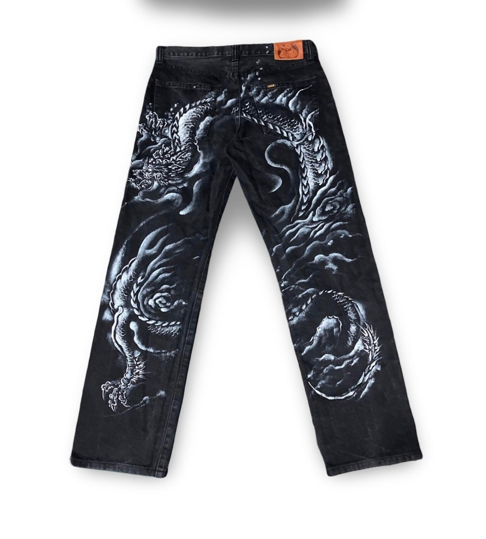 Hand-Painted Dragon Black Denim Jeans – Japanese ZEN Artwear – W32
