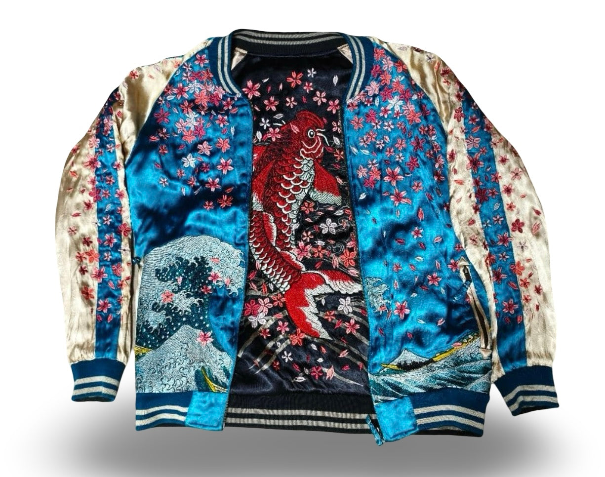 Reversible Japanese Sukajan Jacket – Red Koi Fish & Sakura Embroidery / Hokusai Great Wave Blue Satin Bomber (Vintage Preloved)