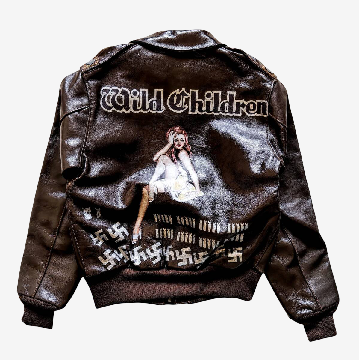 Vintage Real McCoy’s A-2 Rough Wear 1993 Mustang Hide Leather Flight Jacket Wild Children Back Paint Size 36
