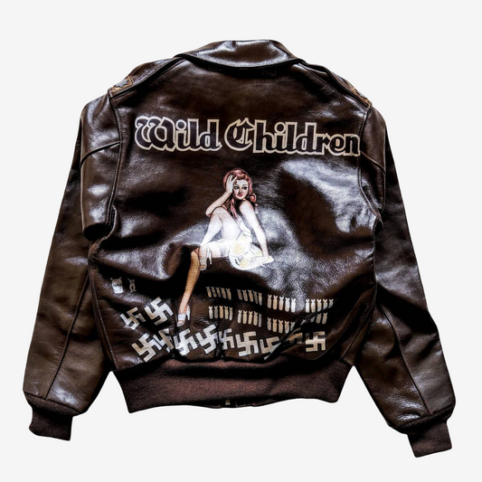 Vintage Real McCoy’s A-2 Rough Wear 1993 Mustang Hide Leather Flight Jacket Wild Children Back Paint Size 36