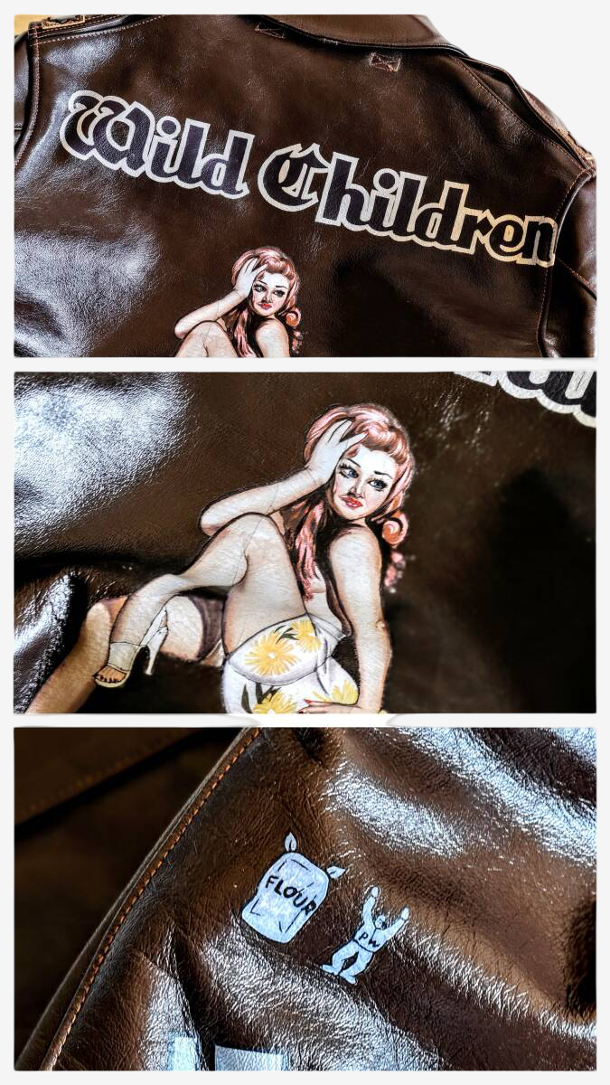 Vintage Real McCoy’s A-2 Rough Wear 1993 Mustang Hide Leather Flight Jacket Wild Children Back Paint Size 36