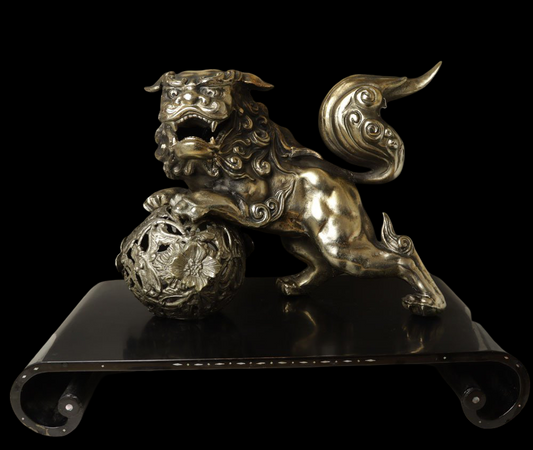 Showa-Era Golden Guardian Lion Karajishi Tama Shishi Koma Inu with Jewel Ball on Decorative Display Base