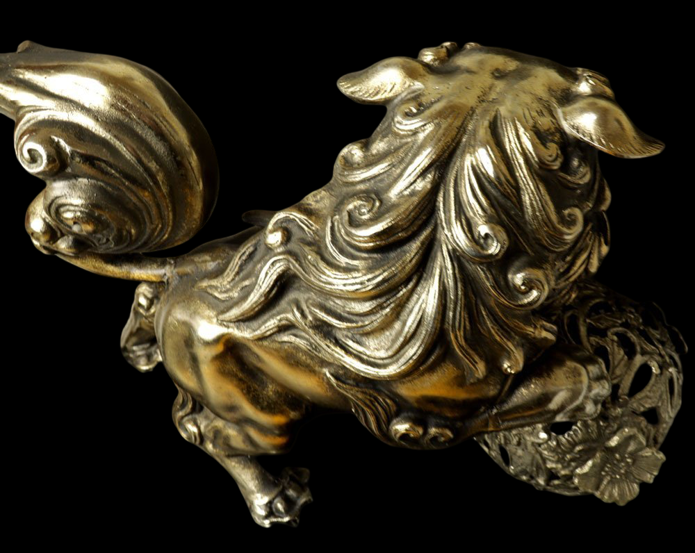 Showa-Era Golden Guardian Lion Karajishi Tama Shishi Koma Inu with Jewel Ball on Decorative Display Base