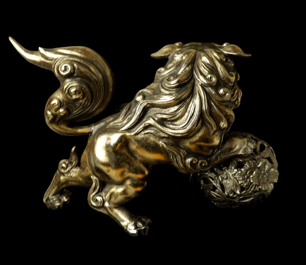 Showa-Era Golden Guardian Lion Karajishi Tama Shishi Koma Inu with Jewel Ball on Decorative Display Base