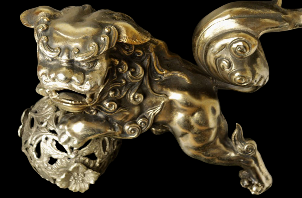 Showa-Era Golden Guardian Lion Karajishi Tama Shishi Koma Inu with Jewel Ball on Decorative Display Base