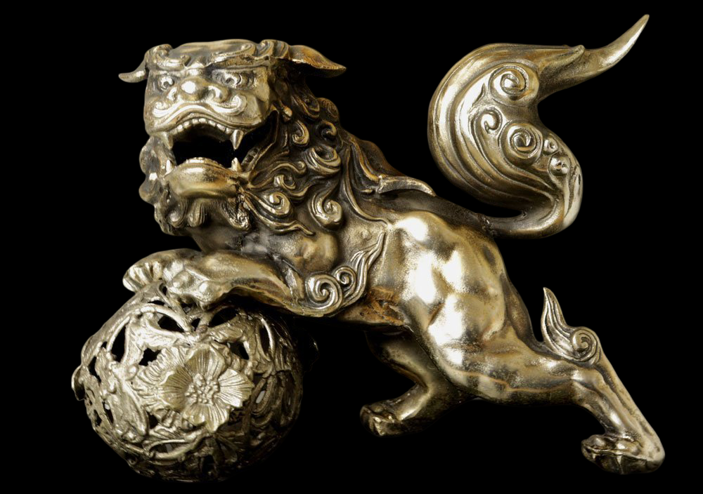 Showa-Era Golden Guardian Lion Karajishi Tama Shishi Koma Inu with Jewel Ball on Decorative Display Base
