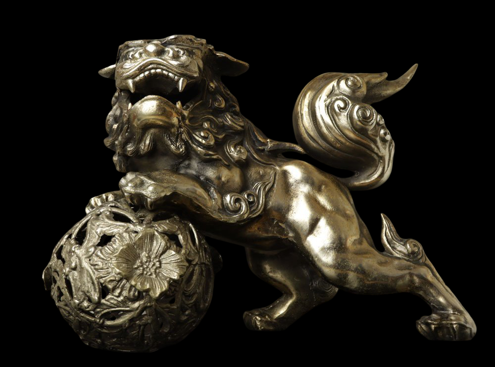 Showa-Era Golden Guardian Lion Karajishi Tama Shishi Koma Inu with Jewel Ball on Decorative Display Base