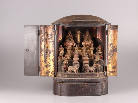 Edo-Period Multi-Figure Buddhist Zushi Shrine (Carved Wood) — Portable Devotional Altar Assembly