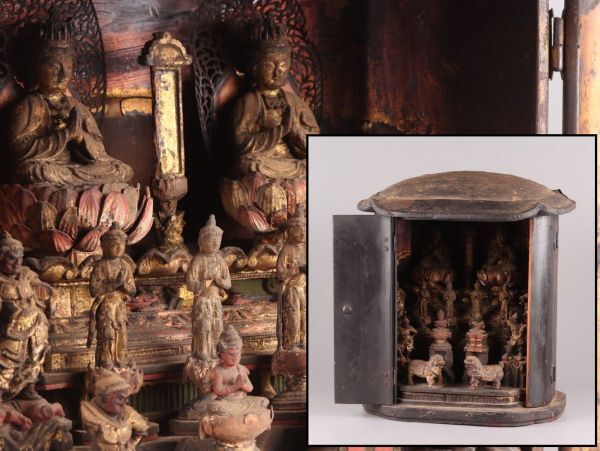 Edo-Period Multi-Figure Buddhist Zushi Shrine (Carved Wood) — Portable Devotional Altar Assembly