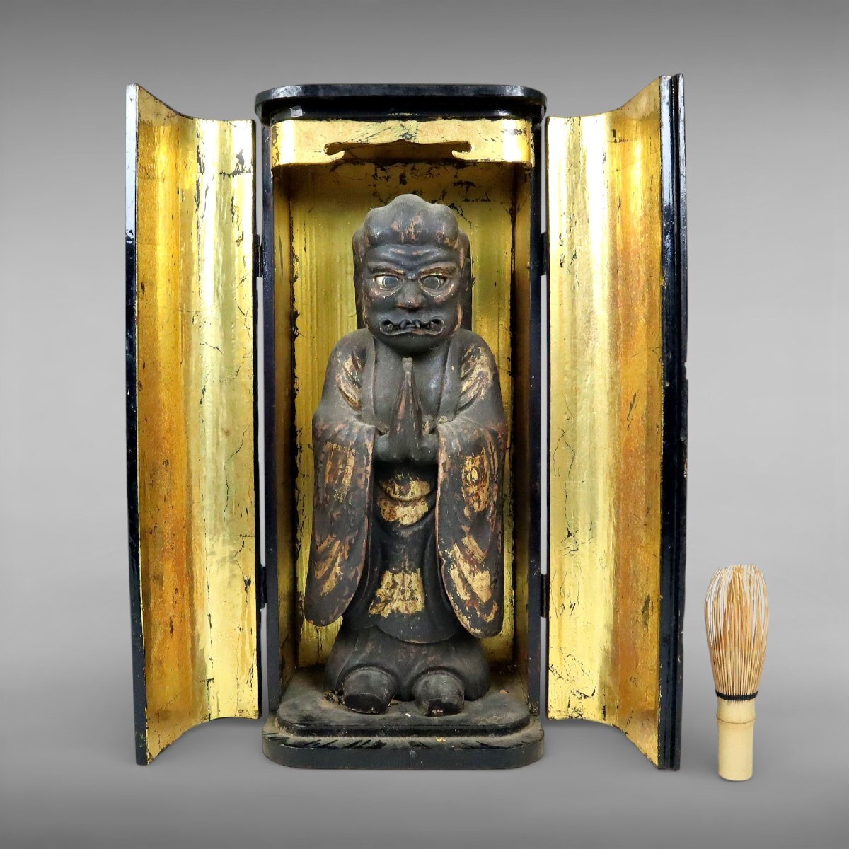 Edo-Period Gilt Wood Buddhist Zushi Shrine — Myoo Gyokugan Glass Eyes Fierce Guardian Deity Devotional Figure