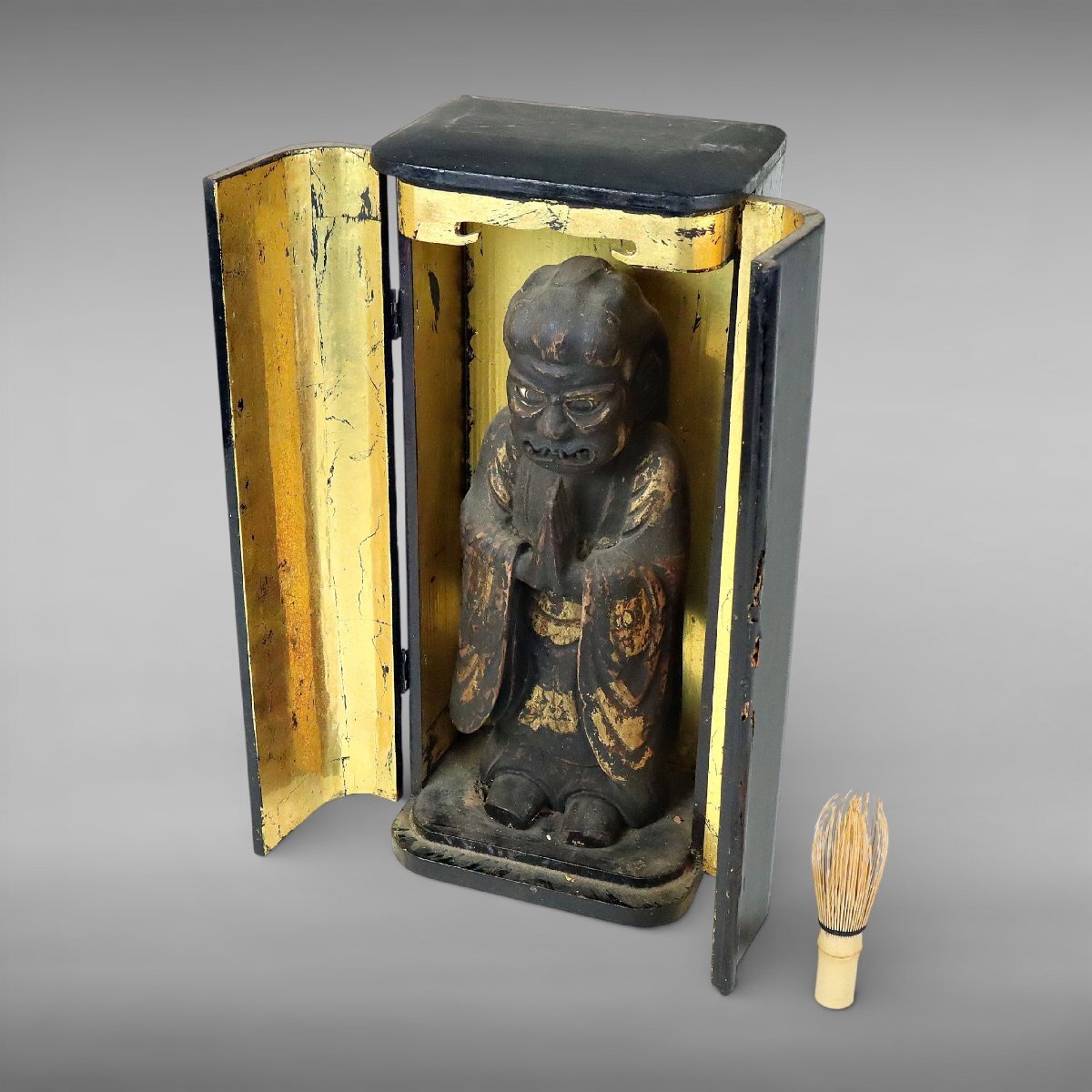 Edo-Period Gilt Wood Buddhist Zushi Shrine — Myoo Gyokugan Glass Eyes Fierce Guardian Deity Devotional Figure