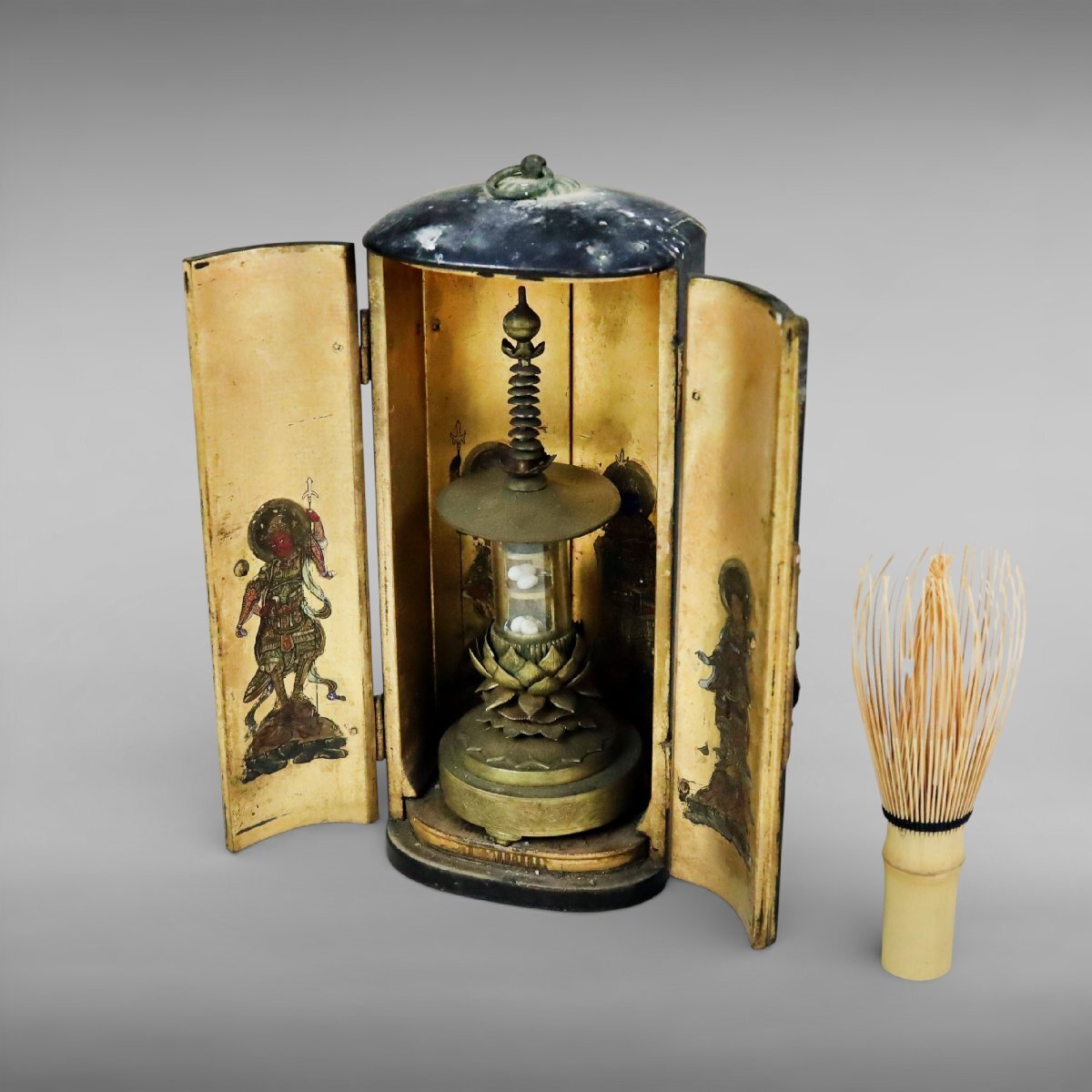 Edo-Period Gilt Zushi Shrine with Bronze Reliquary (Goritō) — Four Heavenly Kings Imagery