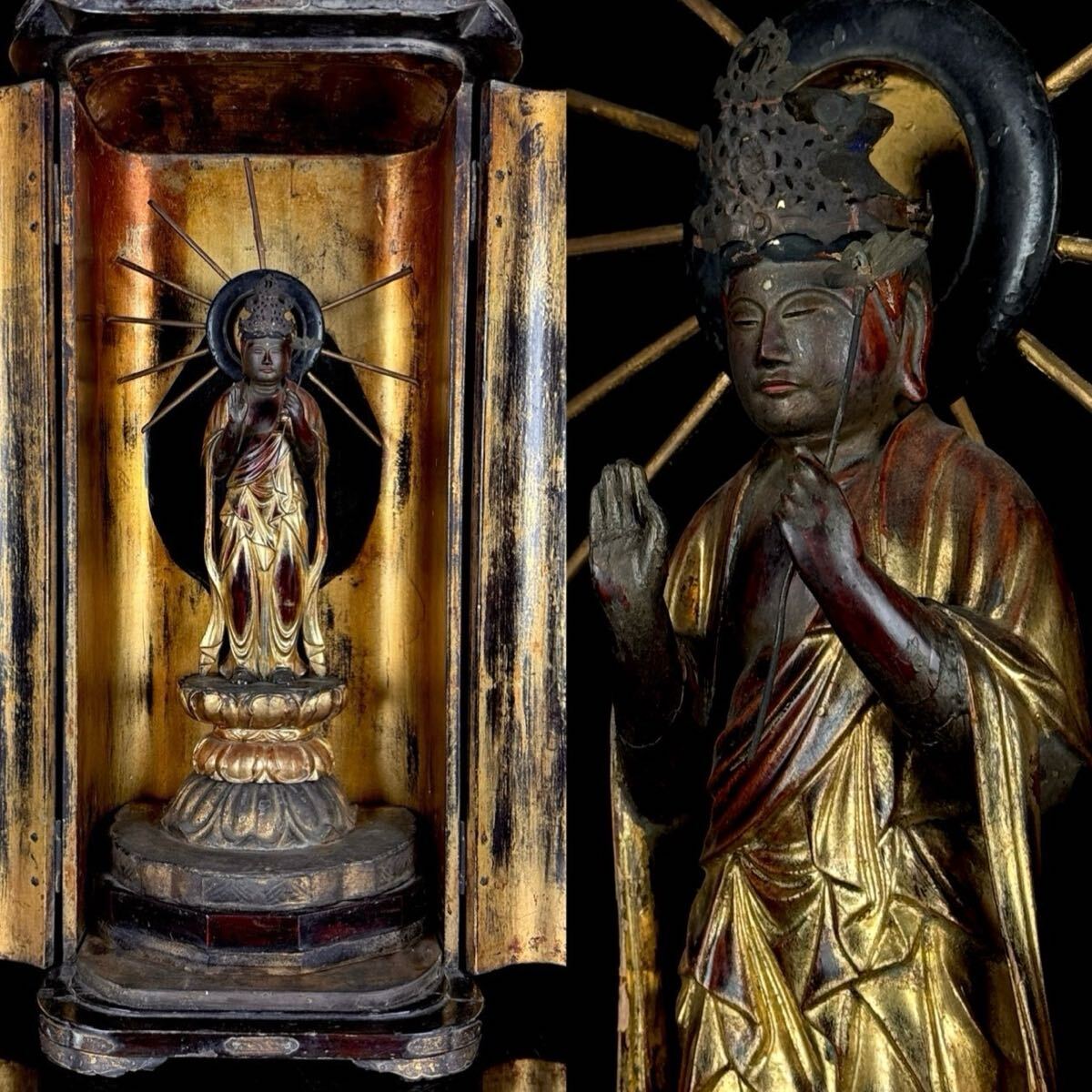 Edo-Period Wooden Kannon Bosatsu in Zushi — Gilt Devotional Shrine Sculpture