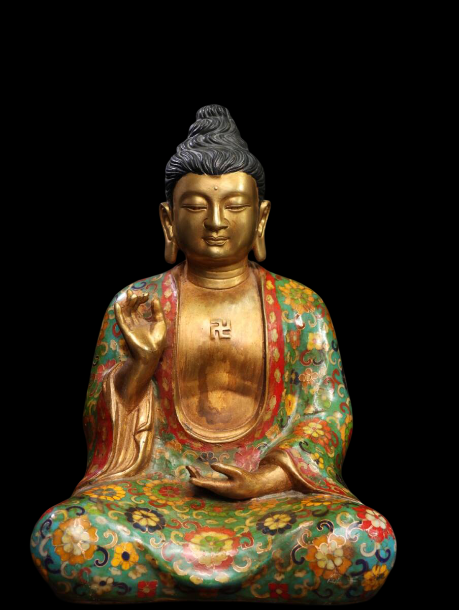 Cloisonné-Enamel Shakyamuni Buddha — Gilt Face, Floral Robe, Qing-Style Jingtai-Lan on Copper, 32 cm Seated Figure (Chinese Origin, Offered from Japan)