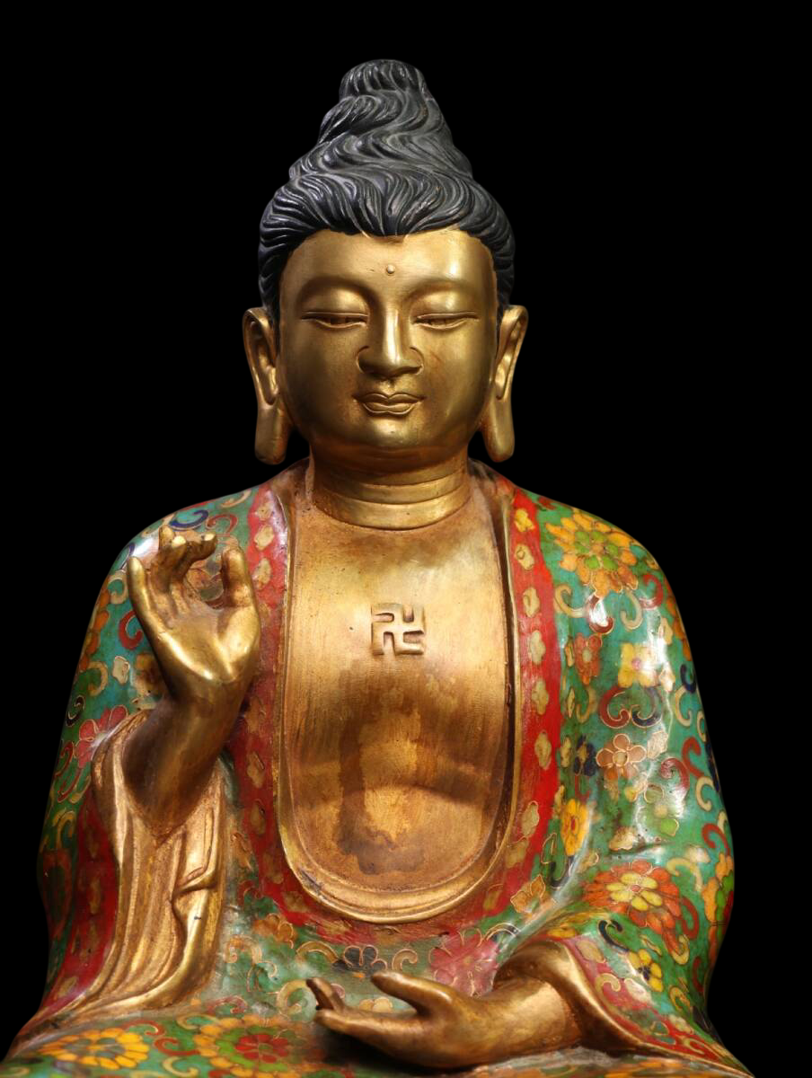Cloisonné-Enamel Shakyamuni Buddha — Gilt Face, Floral Robe, Qing-Style Jingtai-Lan on Copper, 32 cm Seated Figure (Chinese Origin, Offered from Japan)