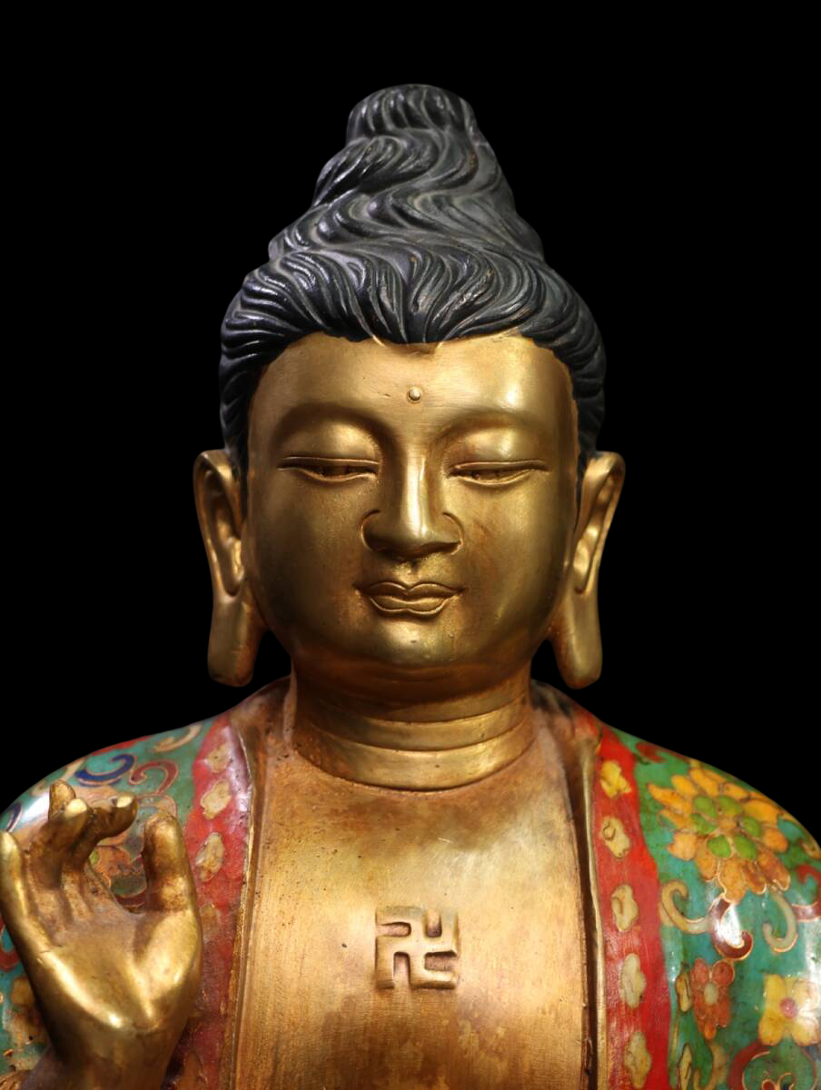 Cloisonné-Enamel Shakyamuni Buddha — Gilt Face, Floral Robe, Qing-Style Jingtai-Lan on Copper, 32 cm Seated Figure (Chinese Origin, Offered from Japan)