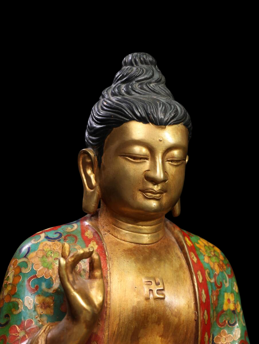 Cloisonné-Enamel Shakyamuni Buddha — Gilt Face, Floral Robe, Qing-Style Jingtai-Lan on Copper, 32 cm Seated Figure (Chinese Origin, Offered from Japan)