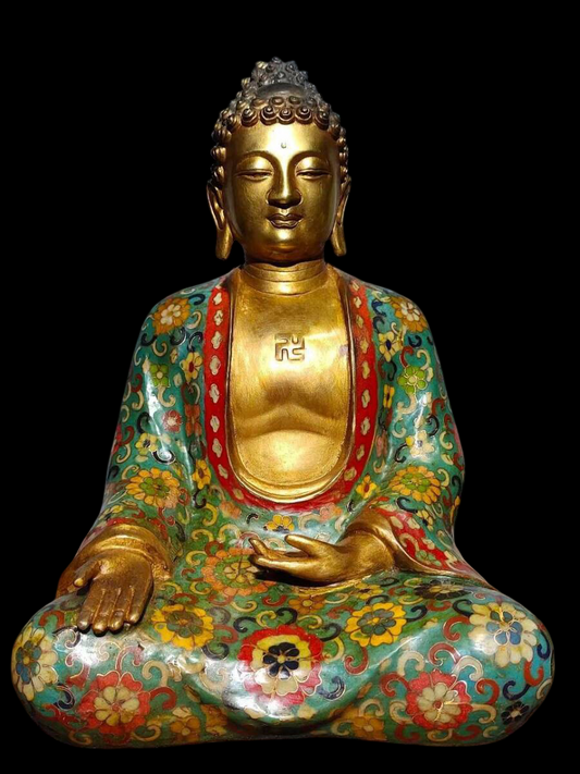 Cloisonné-Enamel Shakyamuni Buddha — Gilt Face, Floral Robe, Enamel on Copper, 32 cm Seated Figure (Chinese Style, Offered from Japan)