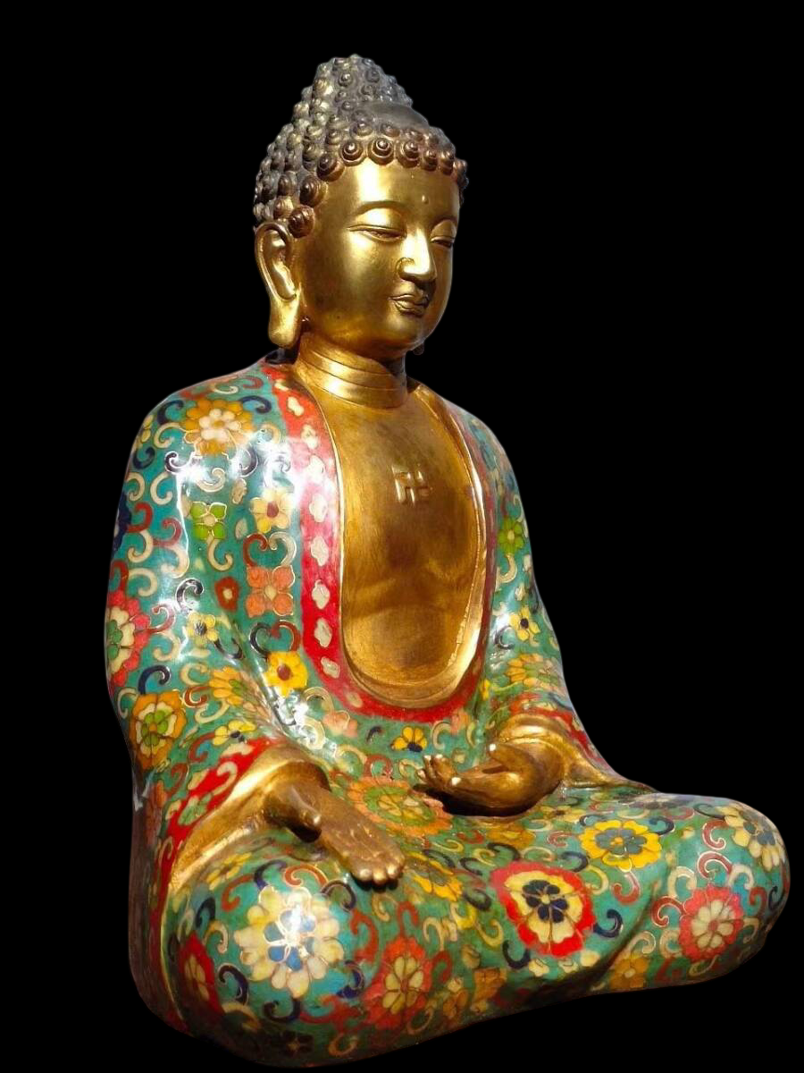 Cloisonné-Enamel Shakyamuni Buddha — Gilt Face, Floral Robe, Enamel on Copper, 32 cm Seated Figure (Chinese Style, Offered from Japan)