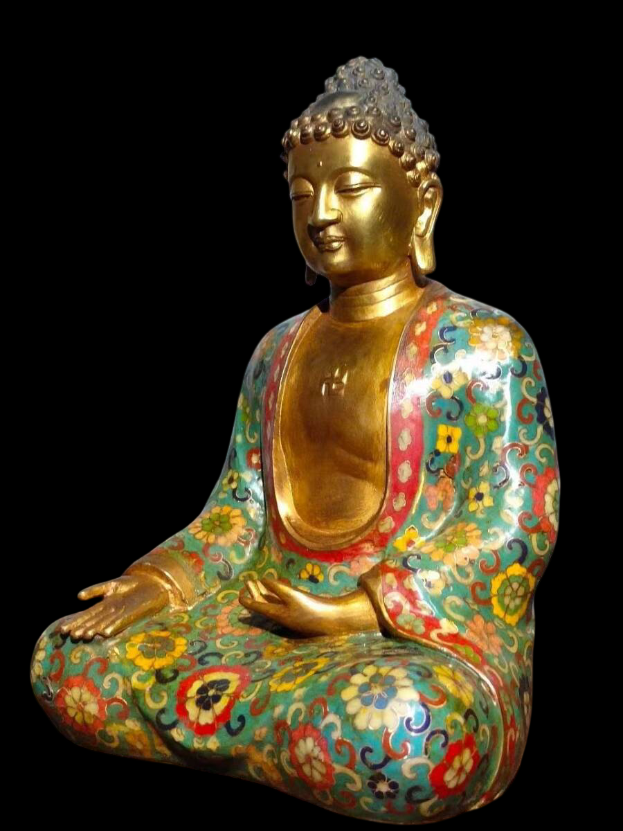 Cloisonné-Enamel Shakyamuni Buddha — Gilt Face, Floral Robe, Enamel on Copper, 32 cm Seated Figure (Chinese Style, Offered from Japan)