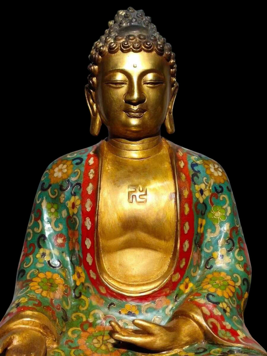 Cloisonné-Enamel Shakyamuni Buddha — Gilt Face, Floral Robe, Enamel on Copper, 32 cm Seated Figure (Chinese Style, Offered from Japan)