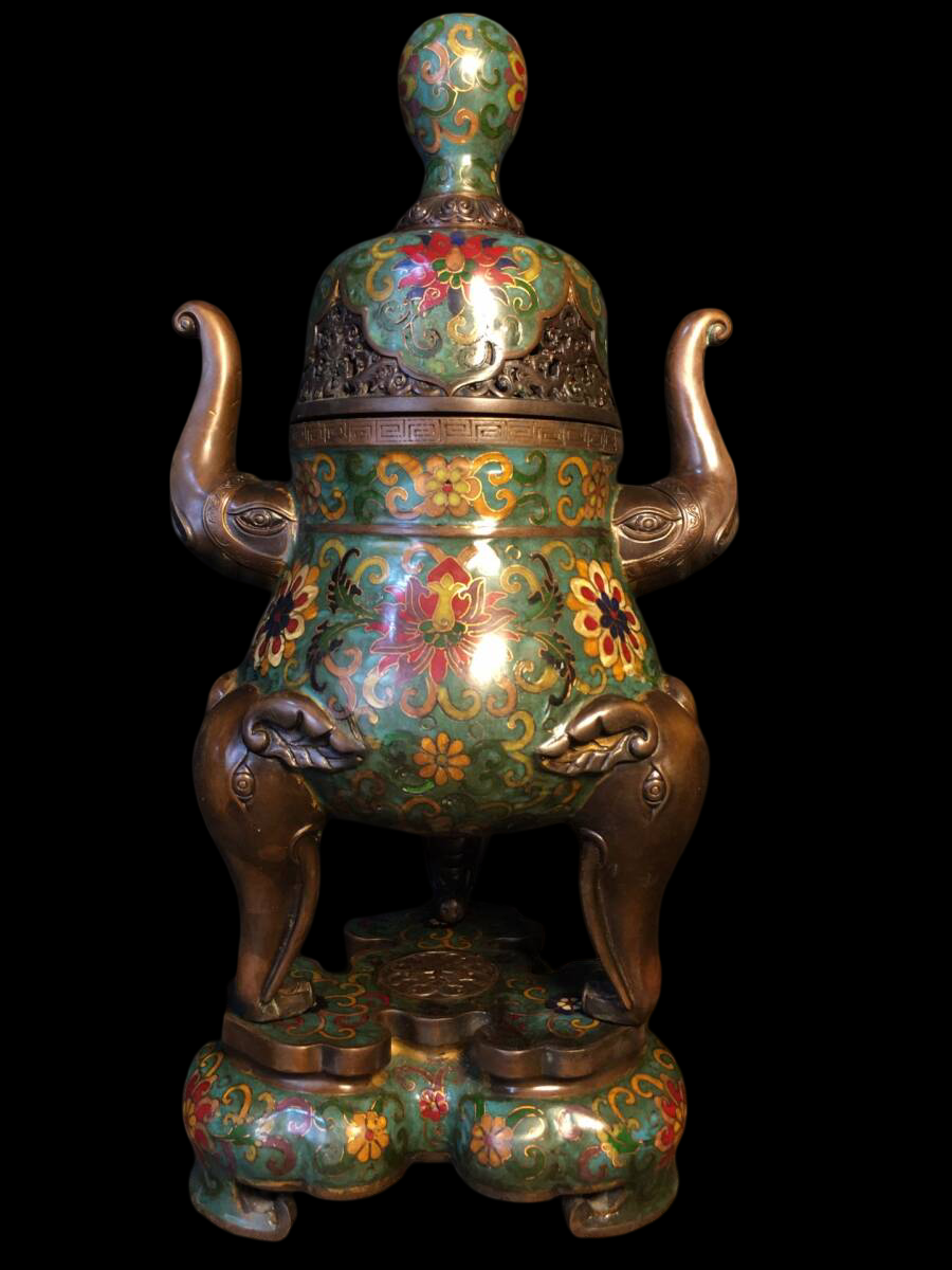 Monumental Chinese Cloisonné Enamel Ritual Censer — Elephant-Head Handles, Tripod Form, Floral Scrollwork, 49 cm (Chinese Style, Offered from Japan)