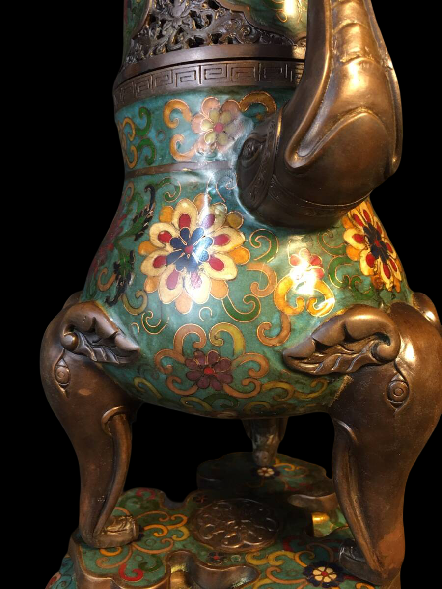 Monumental Chinese Cloisonné Enamel Ritual Censer — Elephant-Head Handles, Tripod Form, Floral Scrollwork, 49 cm (Chinese Style, Offered from Japan)