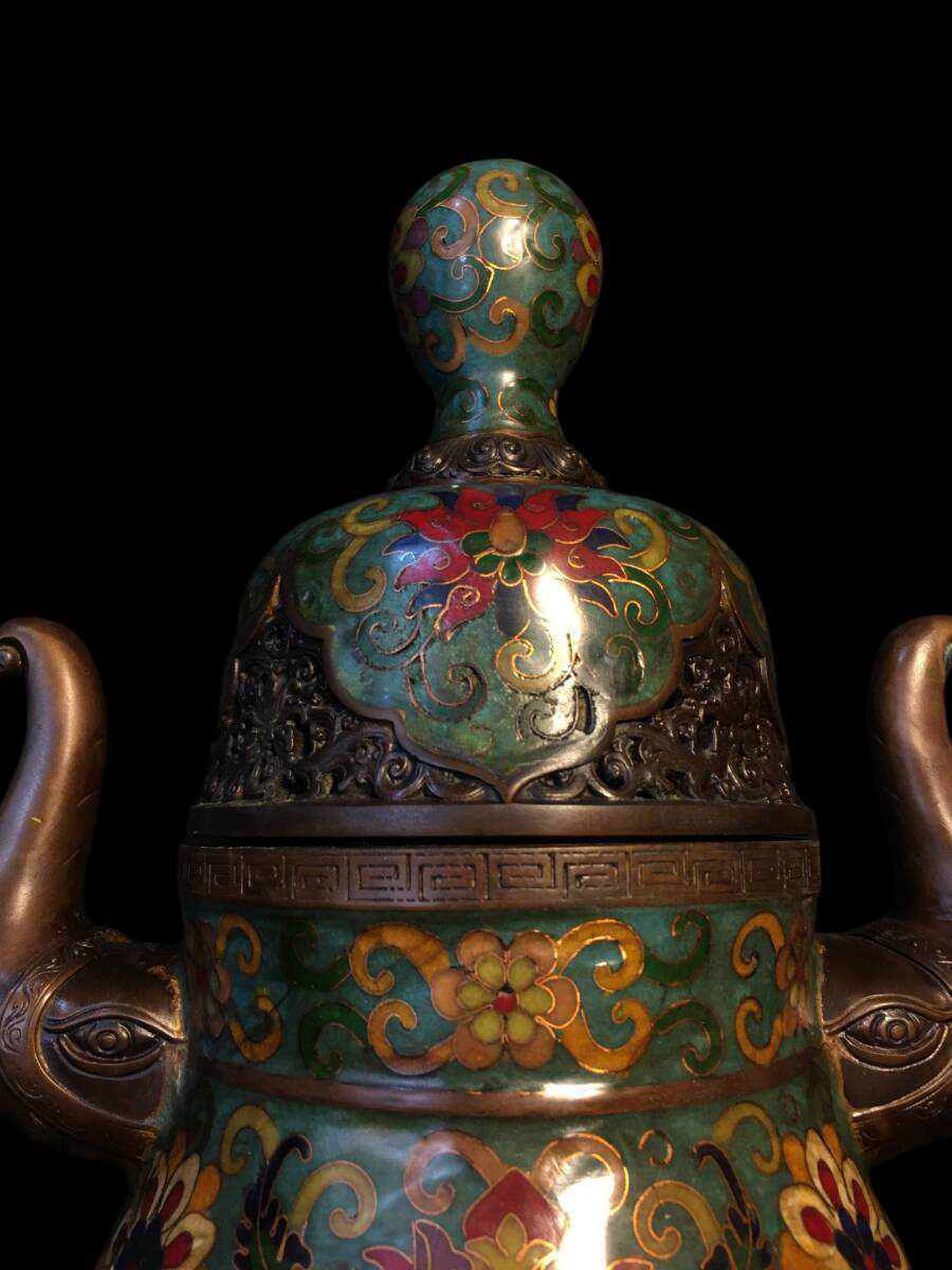 Monumental Chinese Cloisonné Enamel Ritual Censer — Elephant-Head Handles, Tripod Form, Floral Scrollwork, 49 cm (Chinese Style, Offered from Japan)