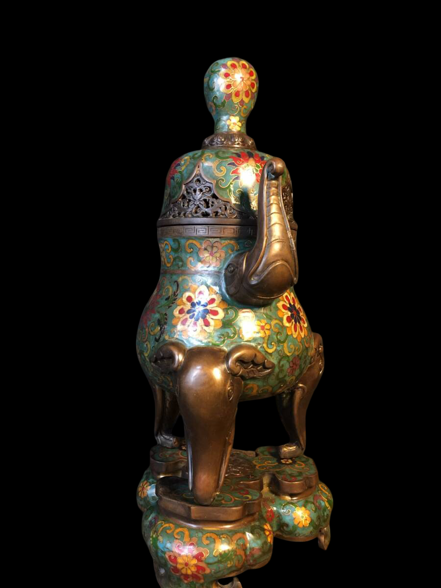 Monumental Chinese Cloisonné Enamel Ritual Censer — Elephant-Head Handles, Tripod Form, Floral Scrollwork, 49 cm (Chinese Style, Offered from Japan)