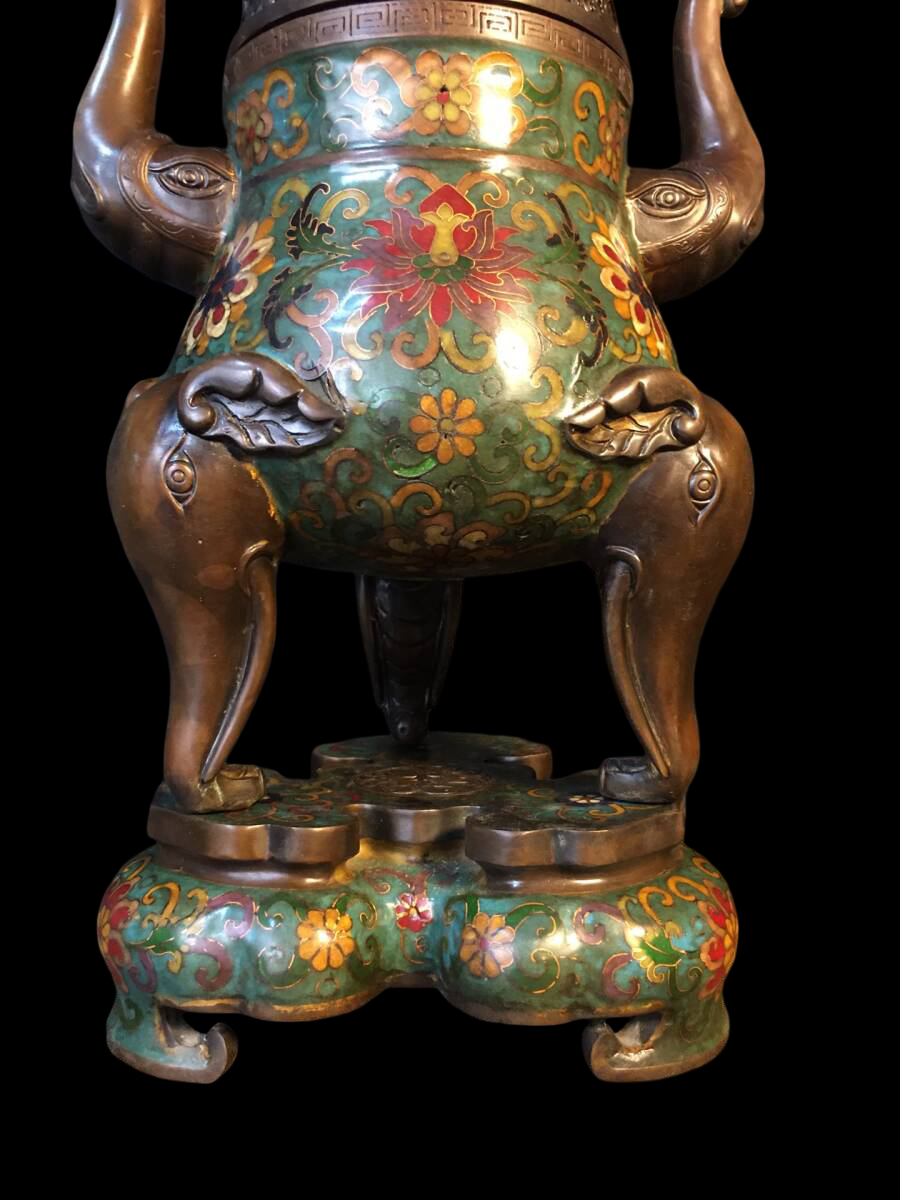 Monumental Chinese Cloisonné Enamel Ritual Censer — Elephant-Head Handles, Tripod Form, Floral Scrollwork, 49 cm (Chinese Style, Offered from Japan)