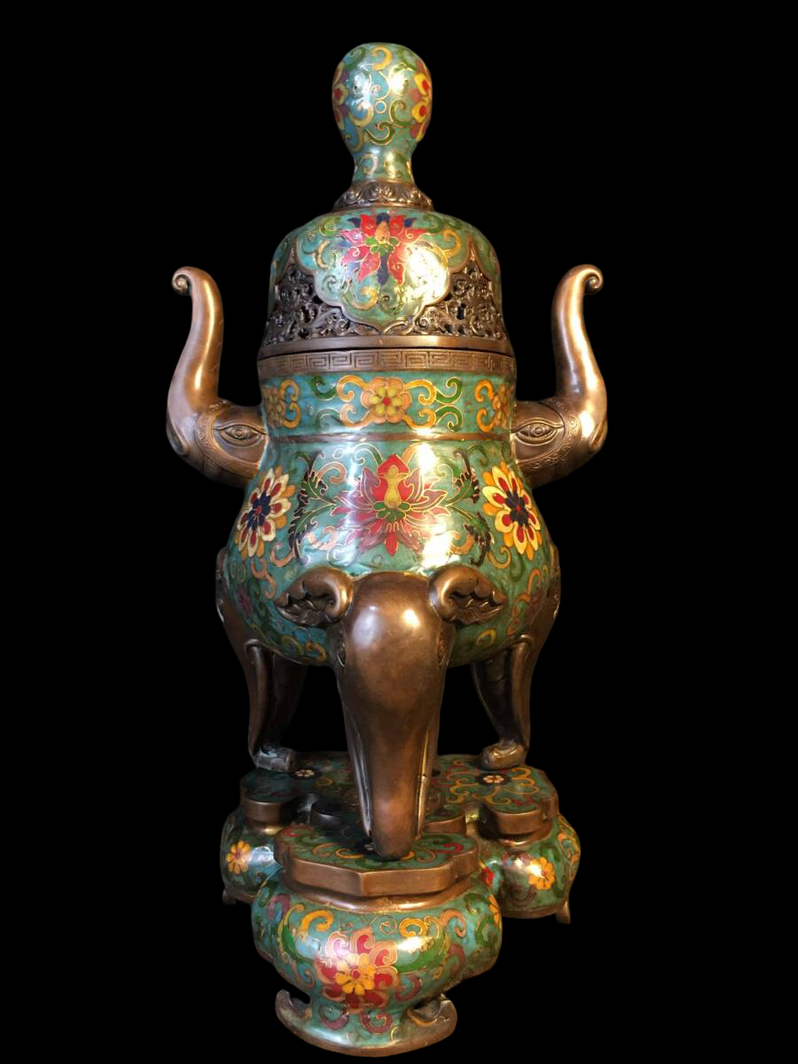 Monumental Chinese Cloisonné Enamel Ritual Censer — Elephant-Head Handles, Tripod Form, Floral Scrollwork, 49 cm (Chinese Style, Offered from Japan)