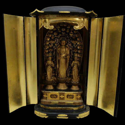 Edo-Meiji Period Amida Nyorai with Kannon Bosatsu and Seishi Bosatsu Triad (Zenko-ji style) Zushi Portable Shrine